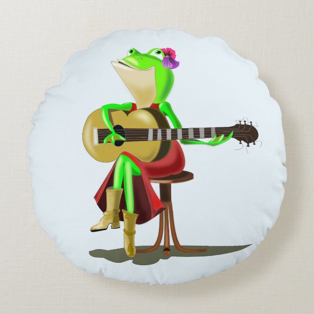 Grenouille Jouer Guitare Funny Coussin rond (Devant)
