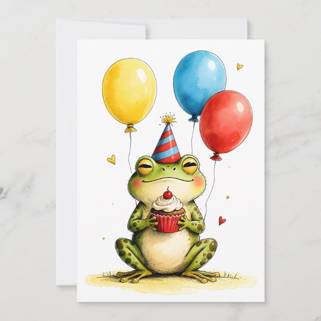 Grenouille mignonne avec carte plate d'anniversair (Devant)