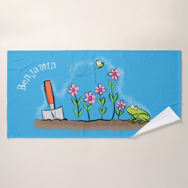 Grenouille mignonne et abeille dans le jardin dess (Serviette de bain)