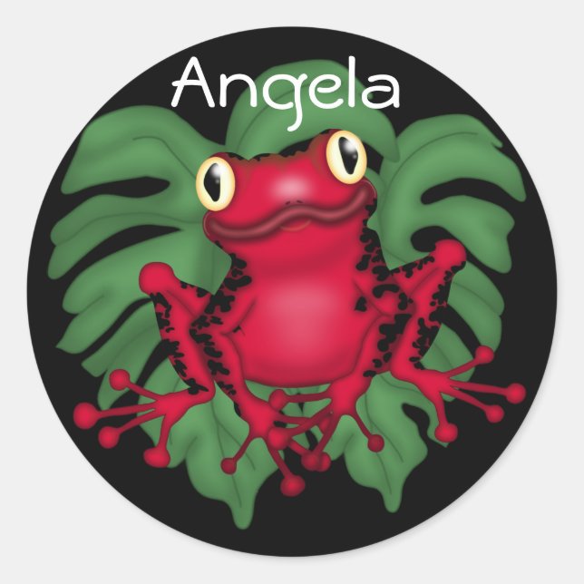 Grenouille Rouge Sur Sticker Rond Feuille Vert (Devant)
