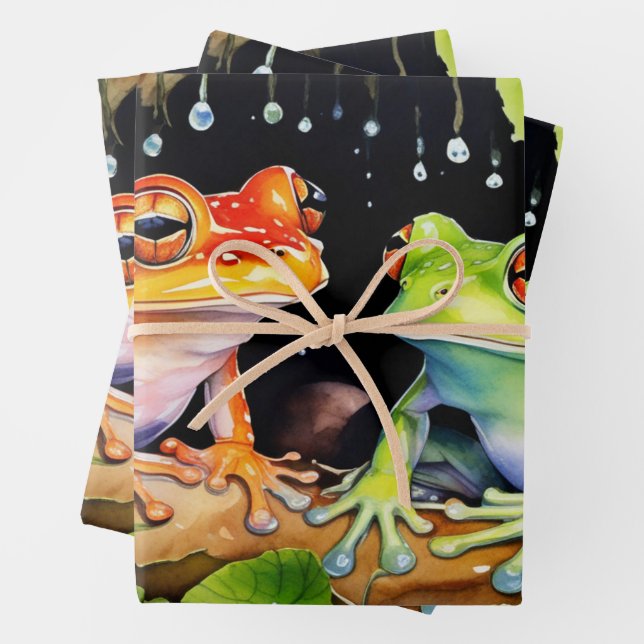 Grenouilles arboricoles colorées sur Feuilles d'aq (En situation)