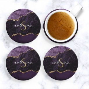Grès Dessous de verre en agate géode monogramme violet 