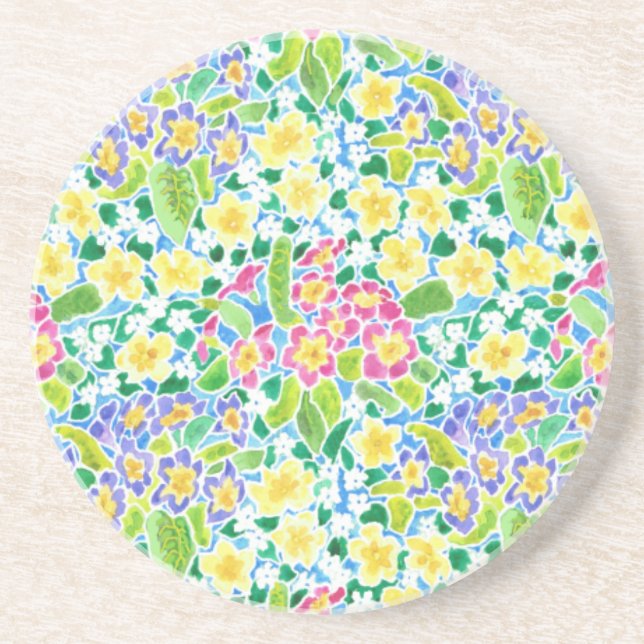 Grès Dessous de verre rond en grès, Joli Motif Primrose (Devant)