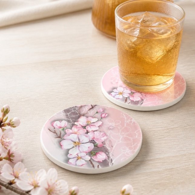 Grès Fleurs de cerisier abstraites dessous de verre en  (Créateur téléchargé)