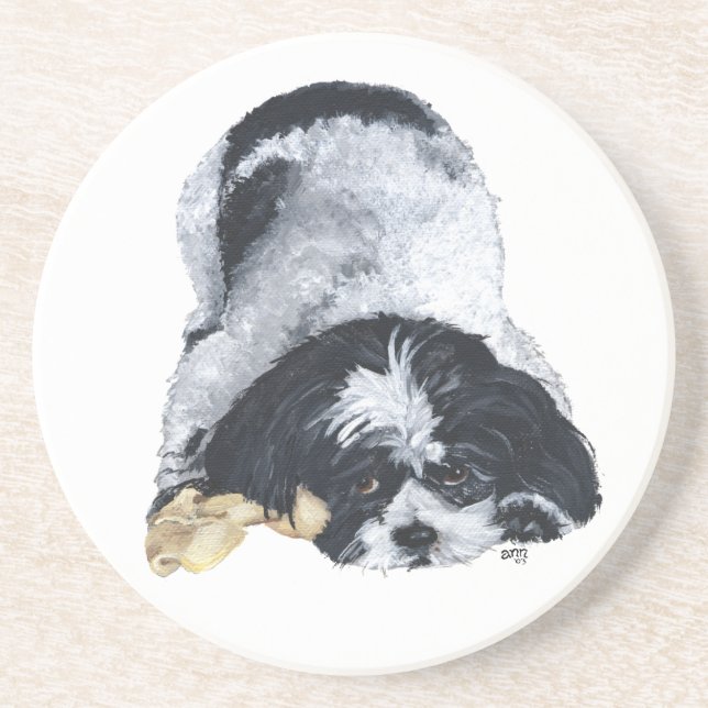 Grès Shih Tzu noir et blanc sur dessous de verre en grè (Devant)