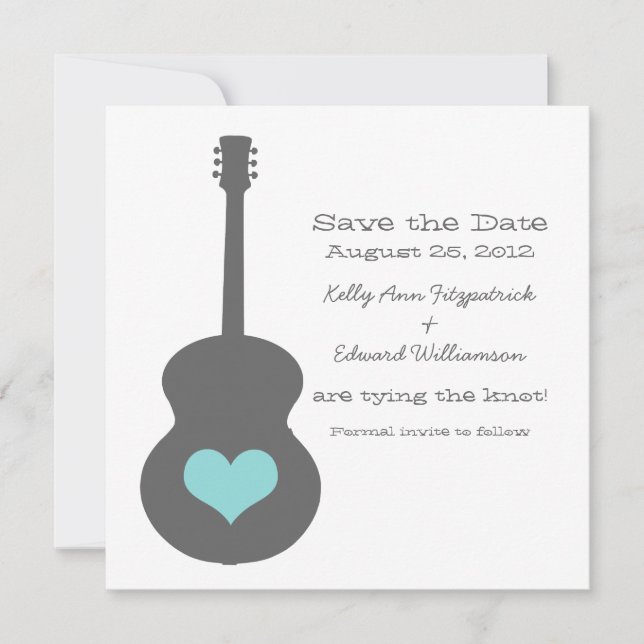 Grey/Aqua Guitar Heart Save the Date Invitation (Devant)