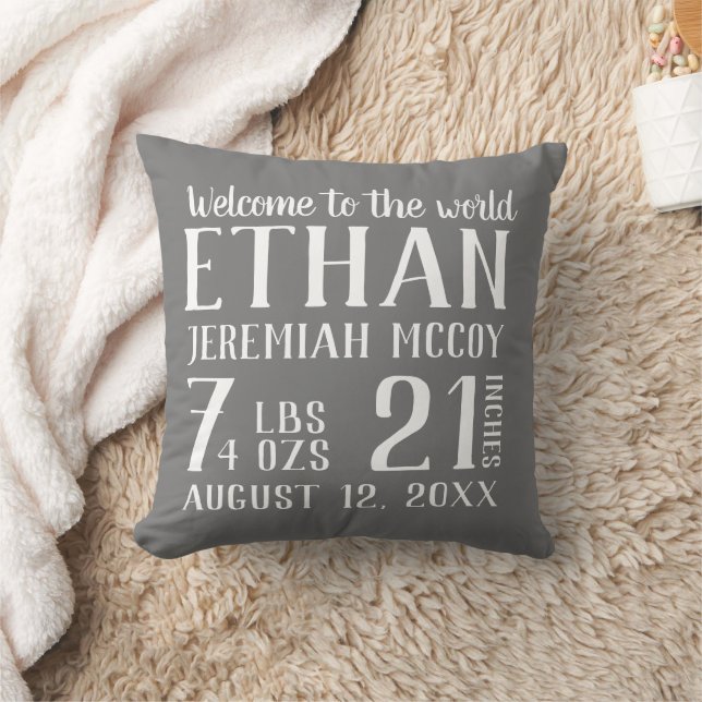 Grey Baby Boy Nursery Birth Stats Coussin (Couverture)