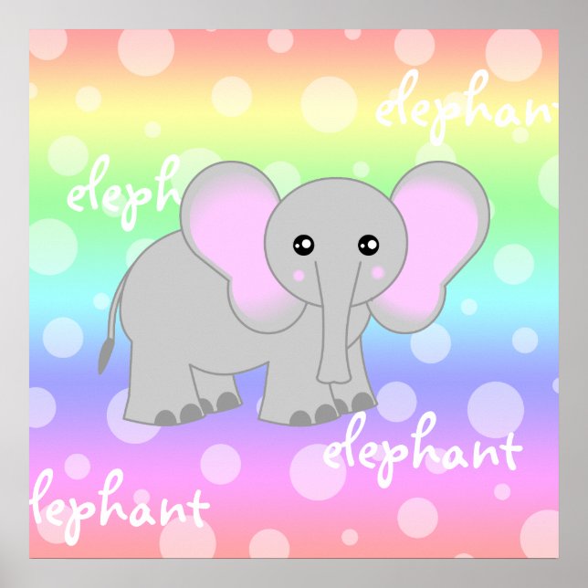 Grey Baby Elephant Cute Rainbow Poster Print (Devant)