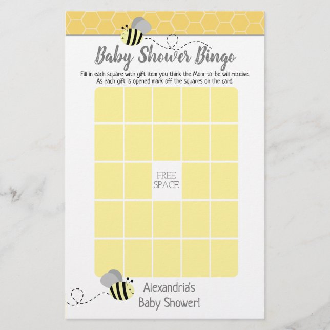Grey Bumble Bee Baby shower Bingo Jeu (Devant)