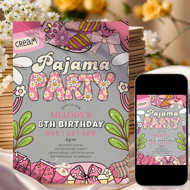 Grey Daisy Pajama Party Birthday Invitation (Créateur téléchargé)