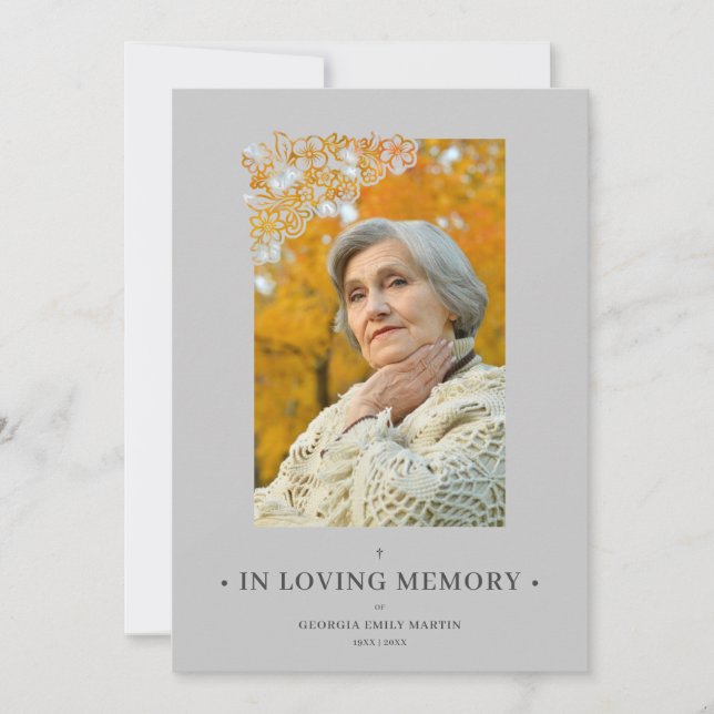 Grey Floral Frame Elegant Photo Funeral Invitation (Devant)