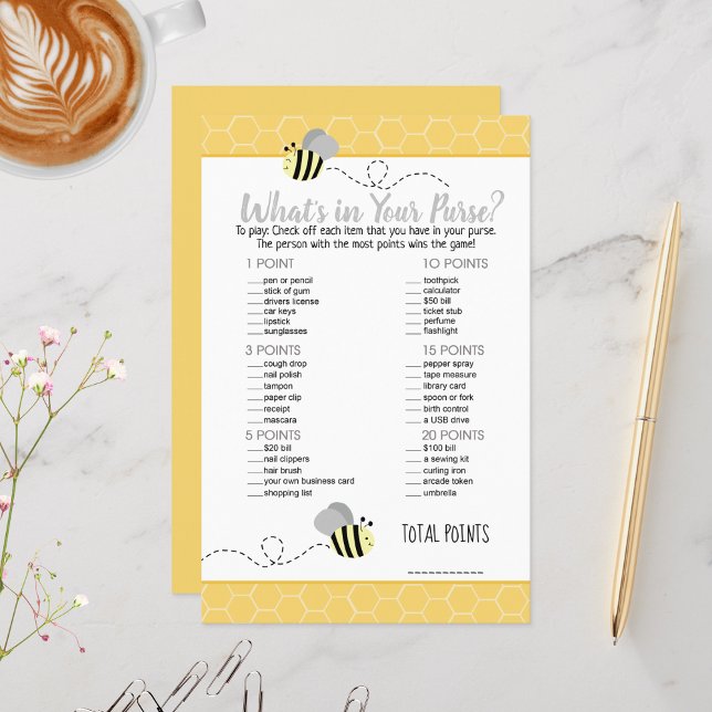 Grey Jaune Bumble Bee Ce qui est dans votre jeu de (What's in your purse baby shower game - Bumble Bees)