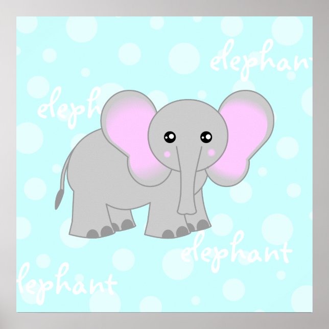 Grey / Light Blue Baby Elephant Cute Poster Print (Devant)