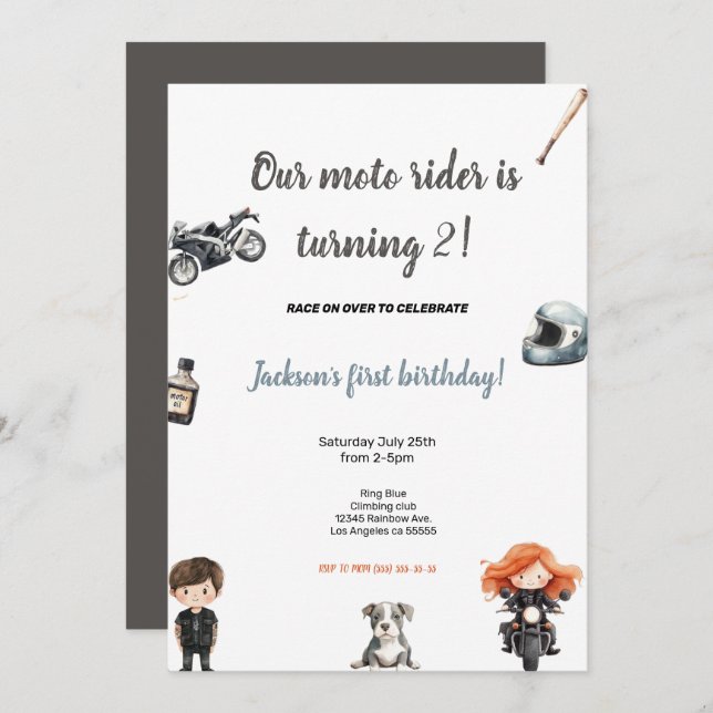 GREY MOTO RIDERS BIRTHDAY PARTY INVITATION (Devant / Derrière)