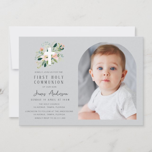 Grey photo arch first holy communion invitation (Devant)