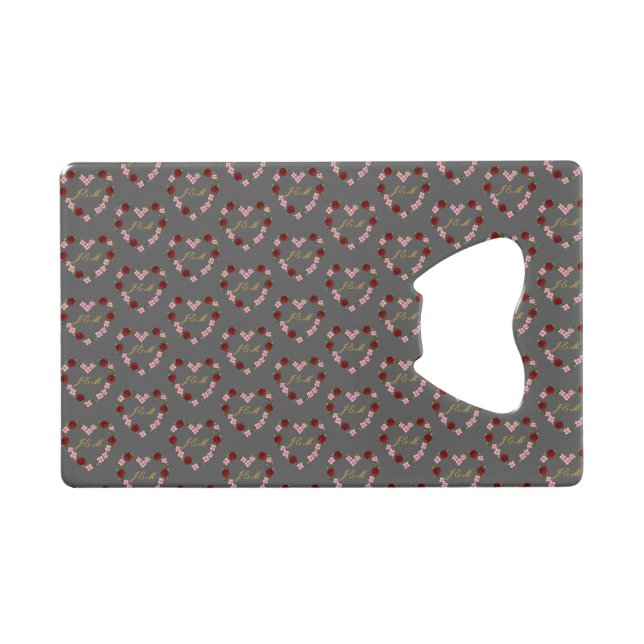 Grey steel bottle opener with pink and red hearts (Devant (Horizontal))