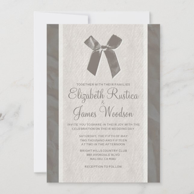 Grey Vintage Bow & Linen Wedding Invitations (Devant)