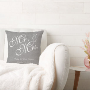 Grey White Linen M. et Mme la Mariage Coussin