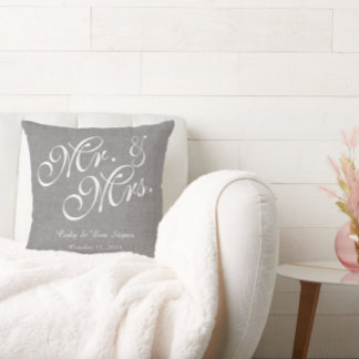 Grey White Linen M. et Mme la Mariage Coussin