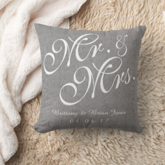 Grey White Linen M. et Mme la Mariage Coussin
