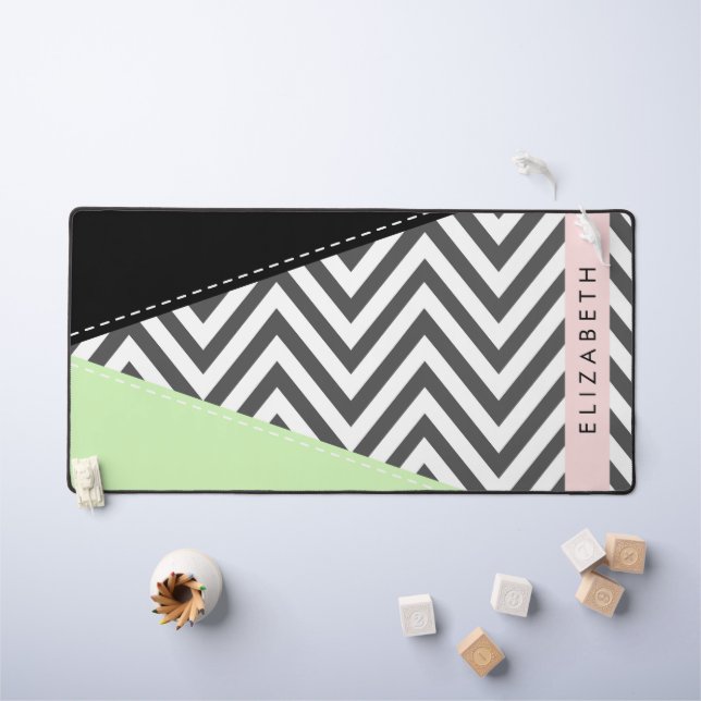 Grey Zigzag, Grey Chevron, Mint, Votre Nom (Tableau pour enfants)