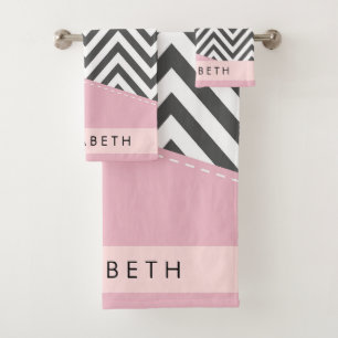 Grey Zigzag, Grey Chevron, Rose, Votre Nom