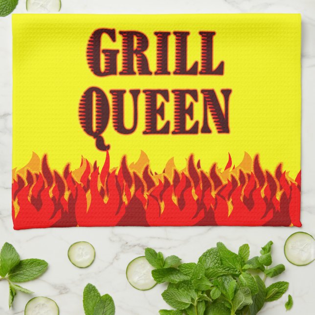 Grill Queen Red Flames BQ Yellow Serviette de cuis (Plié)