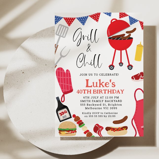 Grill rouge moderne et barbecue froid Invitation d (Chill and Grill BBQ Birthday Invitation Template, 4oth Birthday BBQ Backyard Birthday Invitation)