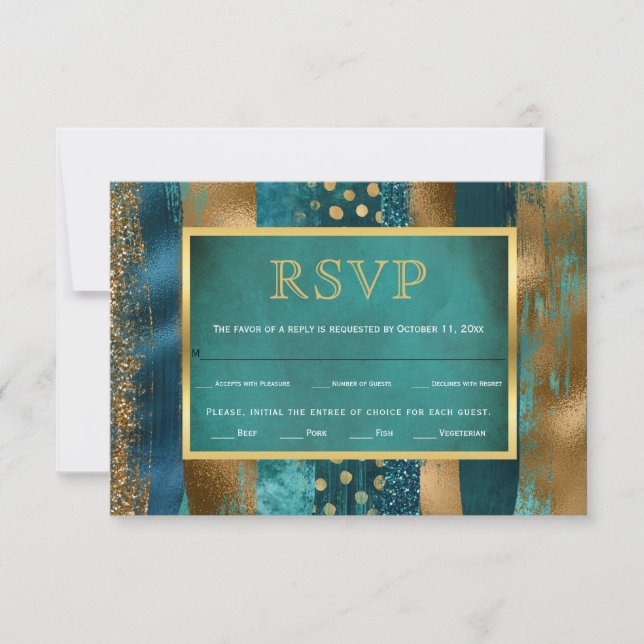 Grilles or et turquoise, carte RSVP de mariage con (Devant)