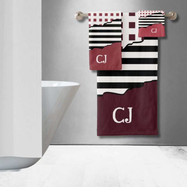 Grilles Paraphe Noir, Blanc, Rouge (Stripes Net Black, White, Red Layered Initials Bath Towel Set)