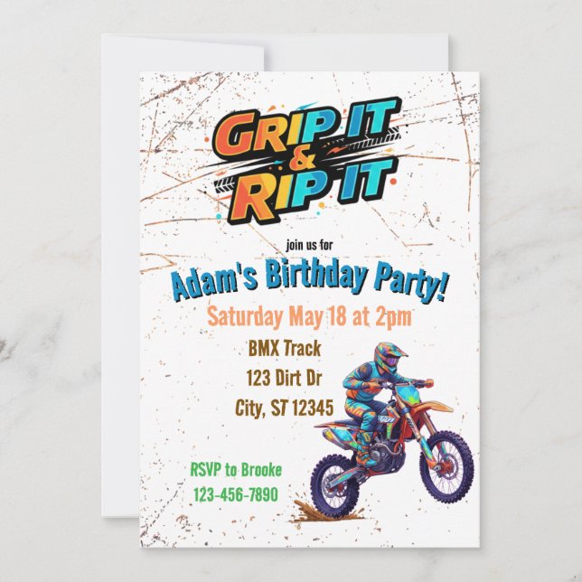 Grip it & Rip It Dirt Bike Birthday Invitation (Devant)