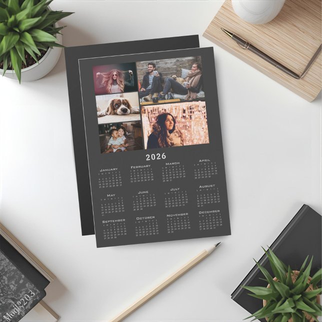 Gris 2026 Calendrier 5 Photo Collage Magnet Card (Créateur téléchargé)