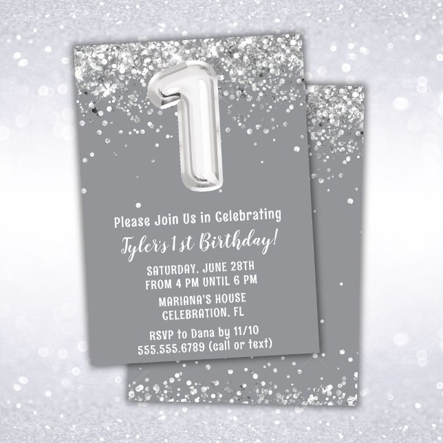 Gris Argent 1er anniversaire fêté Invitation (Créateur téléchargé)