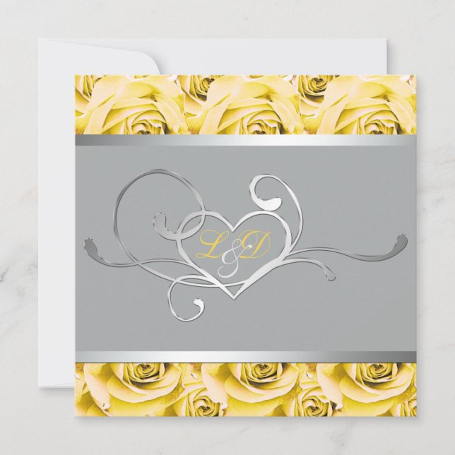 Gris avec roses jaunes Invitation monogramme (Devant)