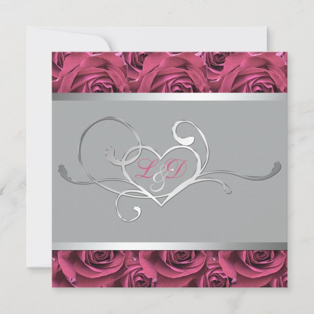 Gris avec roses roses roses Monogrammes Invitation (Devant)