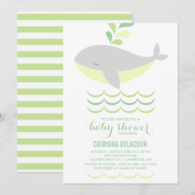 Gris Baleine Genre Neutre Baby shower Invitation (Devant / Derrière)