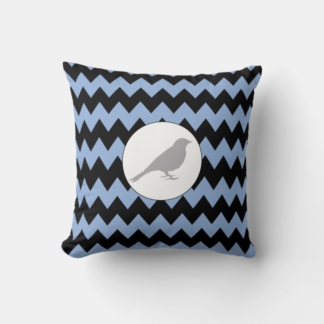 Gris Bird Zig Zag Bleu clair et noir Coussin (Recto)
