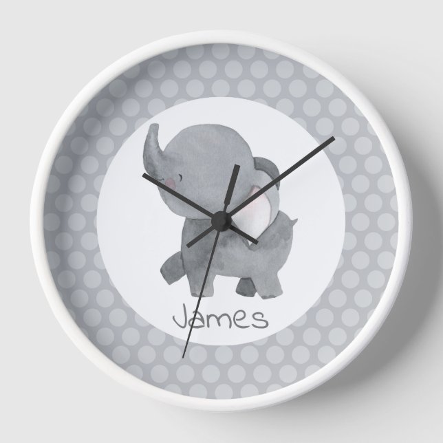 Gris Blanc Elephant Baby Nursery Horloge Avec Nom (Recto)