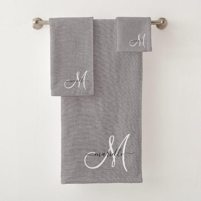 Gris Blanc Monogramme Faux Lin Gris (En situation)