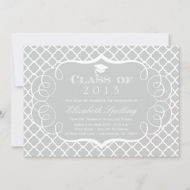 Gris + blanc quatrefoil graduation faire-part (Devant)
