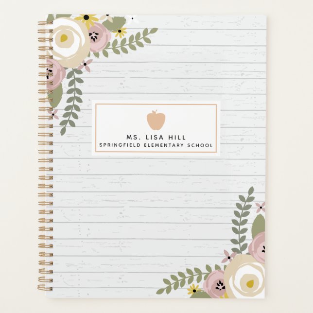 Gris Bois Dusté Floral Enseignant Planificateur (Devant)
