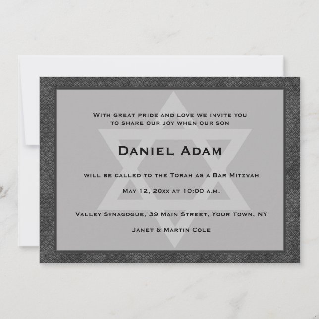 Gris, Bordure noire, Étoile, Invitation Bar Mitzva (Devant)