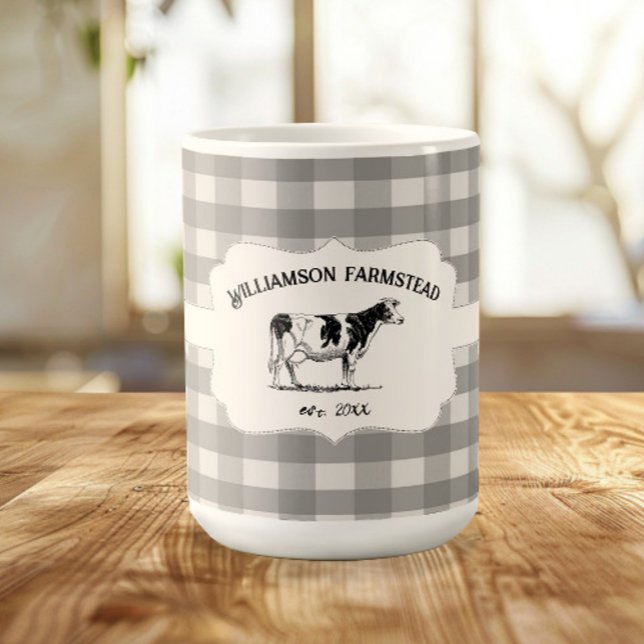 Gris Buffalo Plaid Farm Cow Coffee Mug (Gray Buffalo Plaid Farm Cow Coffee Mug)