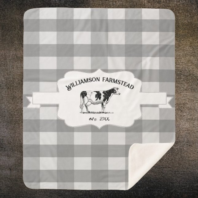 Gris Buffalo Plaid Vache de ferme Sherpa Blanche (Gray Buffalo Plaid Farm Cow Personalized Sherpa Blanket)