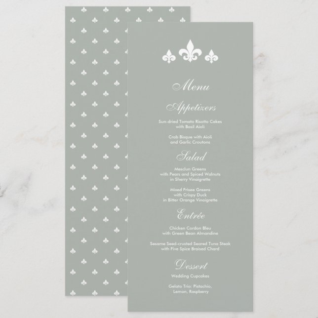 Gris | Cartes de menu Mariage blanc Fleur-de-lis (Devant / Derrière)