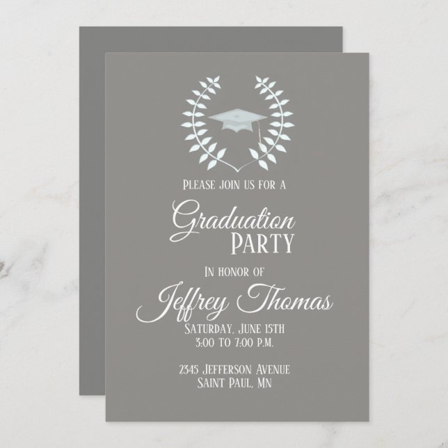 Gris Casquette et Feuille Grad Invitation 5" x 7" (Devant / Derrière)