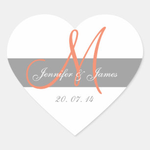 Gris CoralMonogramme Noms Mariage Favor Sticker