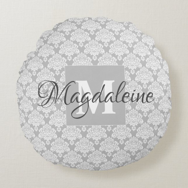 Gris Damask Accent Coussin avec Monogramme et nom (Devant)
