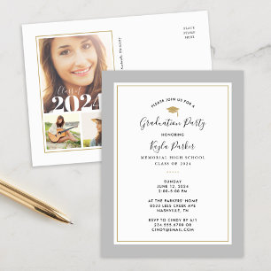 Gris et or 3 Photo Graduation Party Invitation