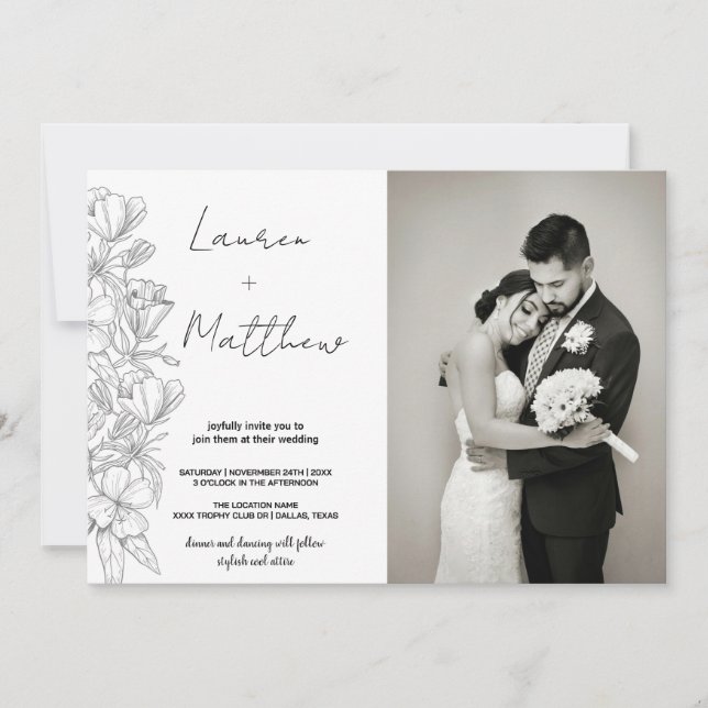 Gris Fleur Art Mariage Invitations avec photo (Devant)